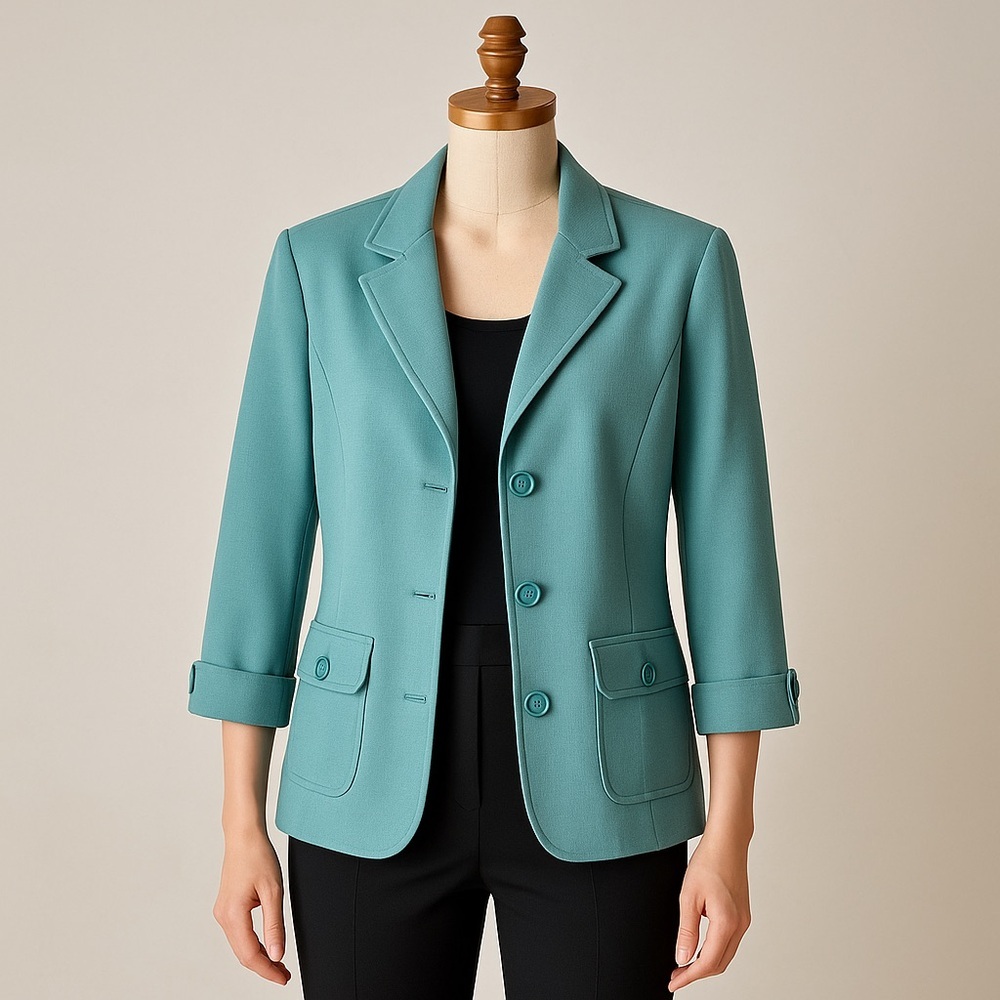 👉 Alfred Dunner Aqua Blue Blazer – Size 16 Women’s 2  Pocket Jacket